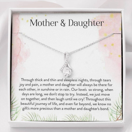 CARD#1-mother-daughter 18K White Gold Plated Ribbon Love Necklace made with  Crystals Elsy Style Jewelry