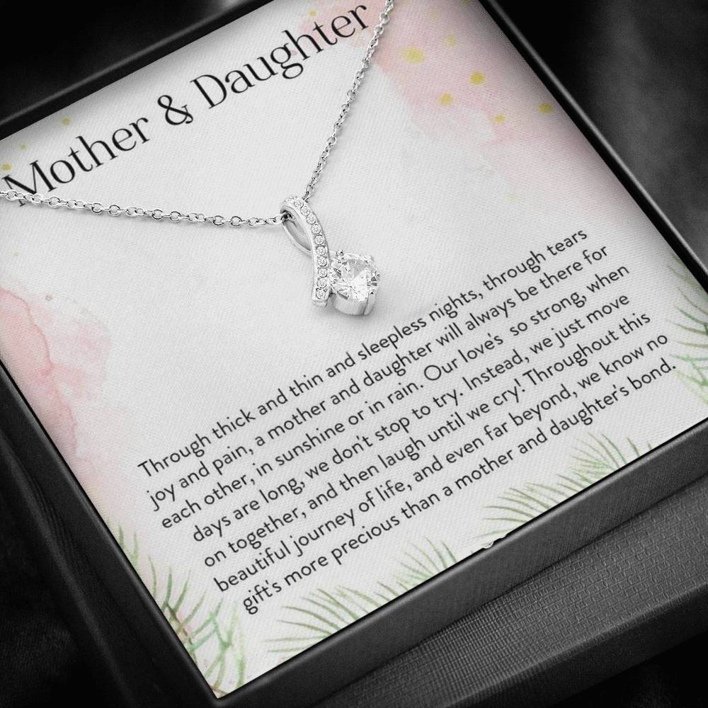 CARD#1-mother-daughter 18K White Gold Plated Ribbon Love Necklace made with  Crystals Elsy Style Jewelry