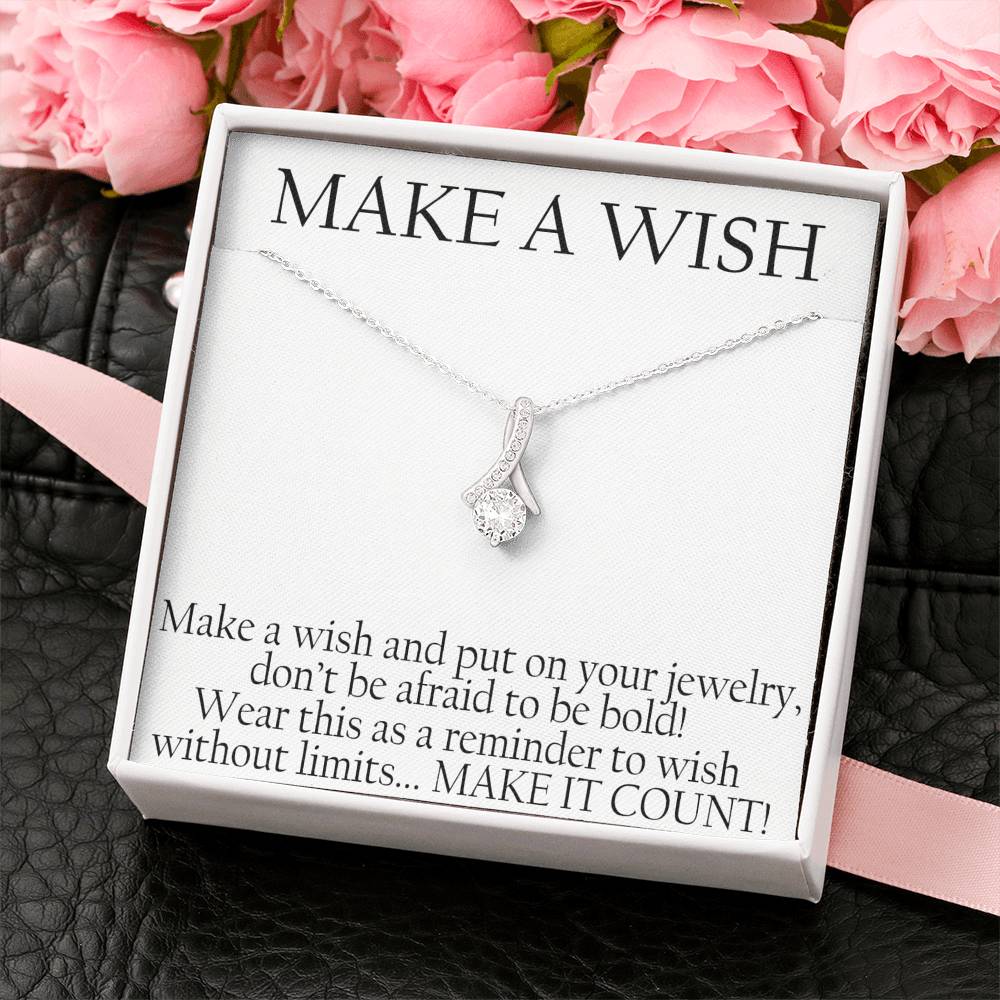 CARD#2-make-a-wish 18K White Gold Plated Ribbon Love Necklace made with  Crystals Elsy Style Jewelry