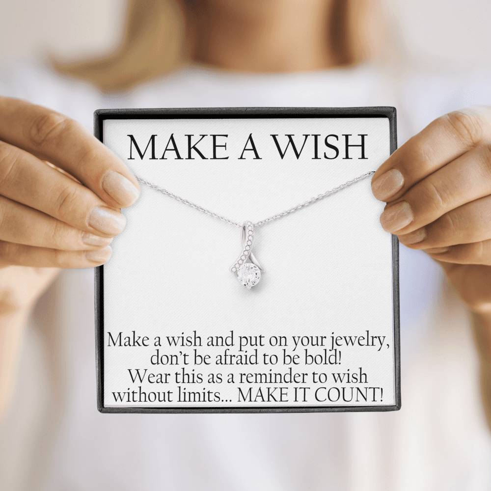 CARD#2-make-a-wish 18K White Gold Plated Ribbon Love Necklace made with  Crystals Elsy Style Jewelry