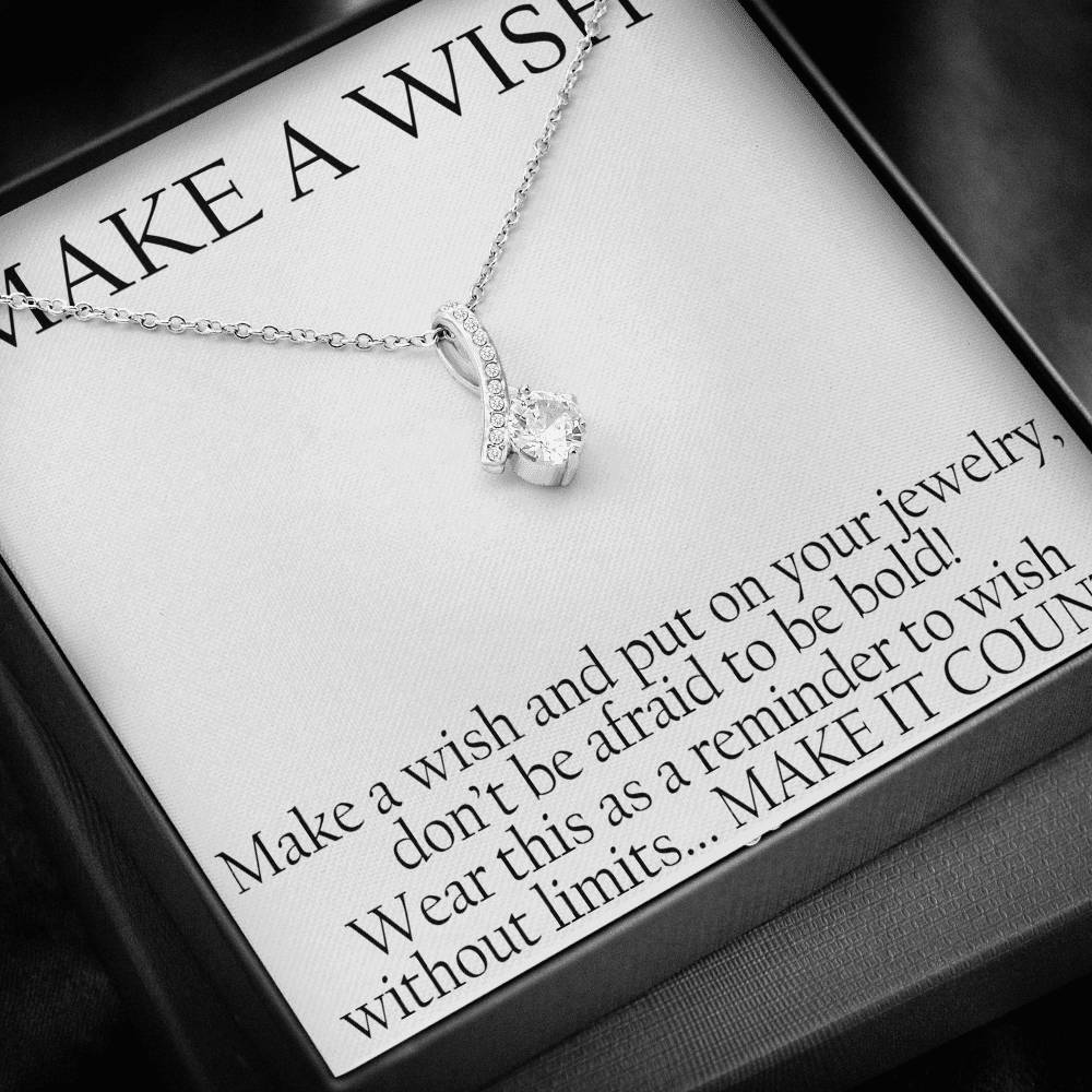 CARD#2-make-a-wish 18K White Gold Plated Ribbon Love Necklace made with  Crystals Elsy Style Jewelry