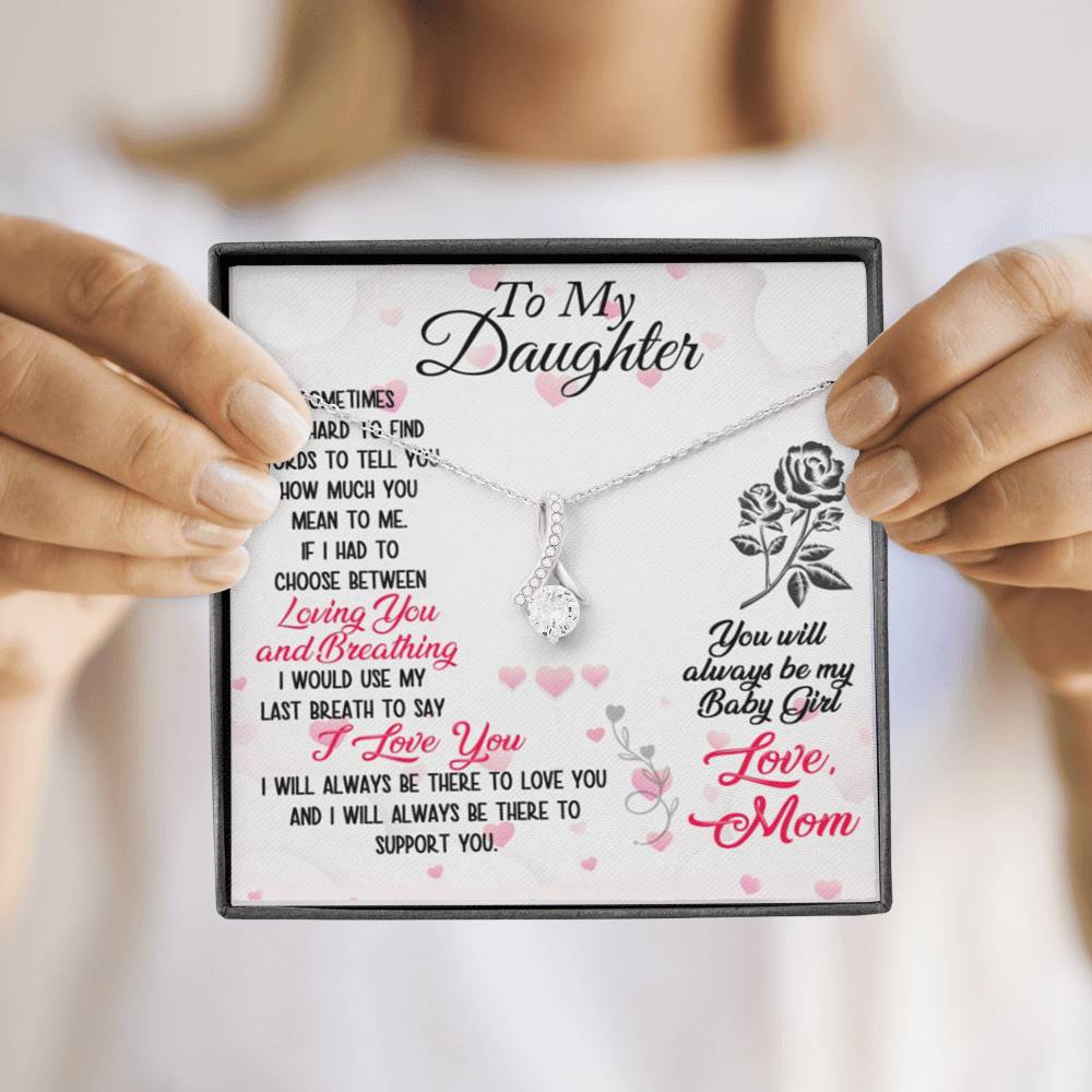 CARD#3-to-my-daughter 18K White Gold Plated Ribbon Love Necklace made with  Crystals Elsy Style Jewelry