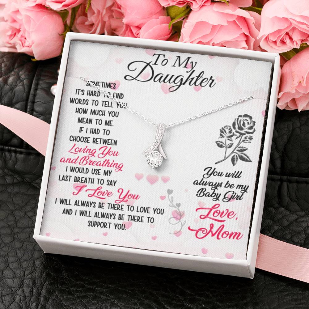 CARD#3-to-my-daughter 18K White Gold Plated Ribbon Love Necklace made with  Crystals Elsy Style Jewelry