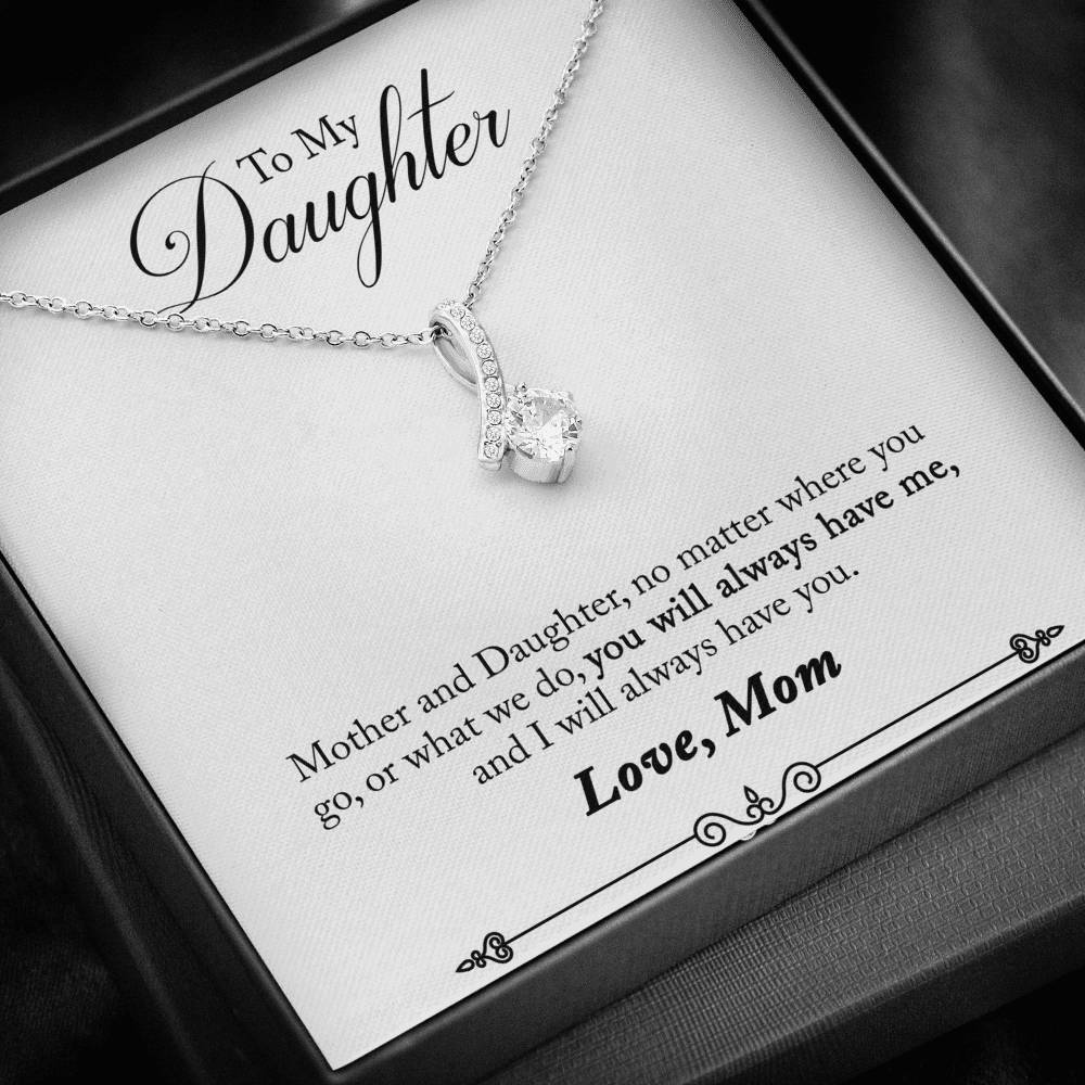 CARD#40-Mother_to_daughter_final_second_text 18K White Gold Plated Ribbon Love Necklace made with  Crystals Elsy Style Jewelry