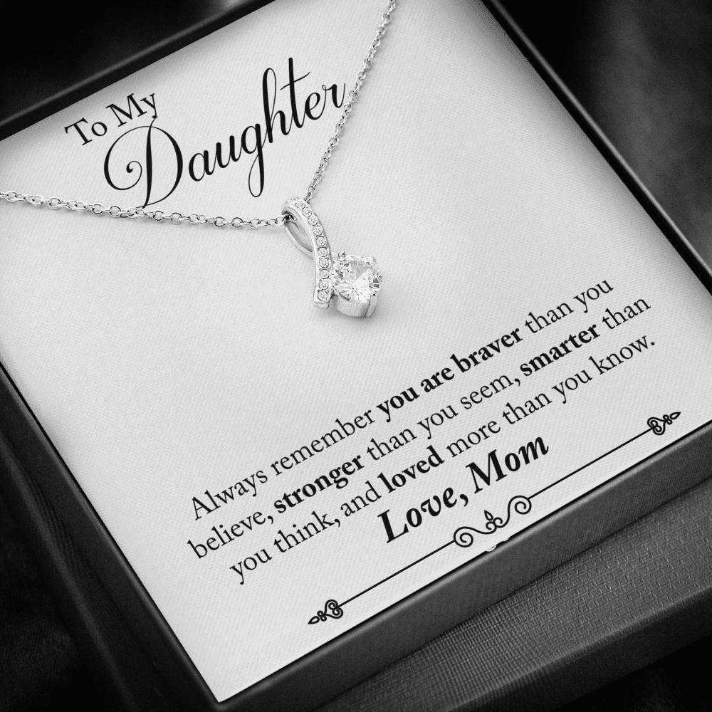 CARD#42-Mom_to_Daughter 18K White Gold Plated Ribbon Love Necklace made with  Crystals Elsy Style Jewelry