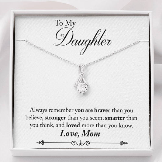 CARD#42-Mom_to_Daughter 18K White Gold Plated Ribbon Love Necklace made with  Crystals Elsy Style Jewelry