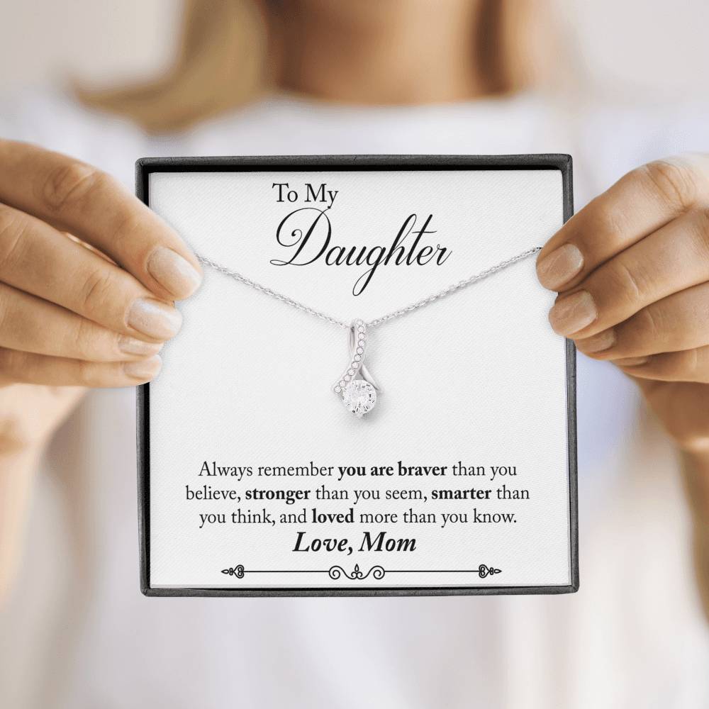 CARD#42-Mom_to_Daughter 18K White Gold Plated Ribbon Love Necklace made with  Crystals Elsy Style Jewelry