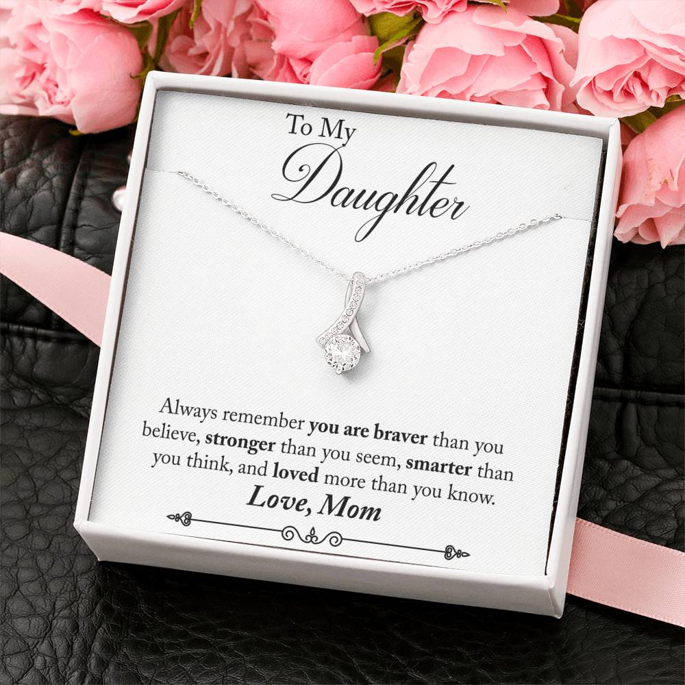 CARD#42-Mom_to_Daughter 18K White Gold Plated Ribbon Love Necklace made with  Crystals Elsy Style Jewelry