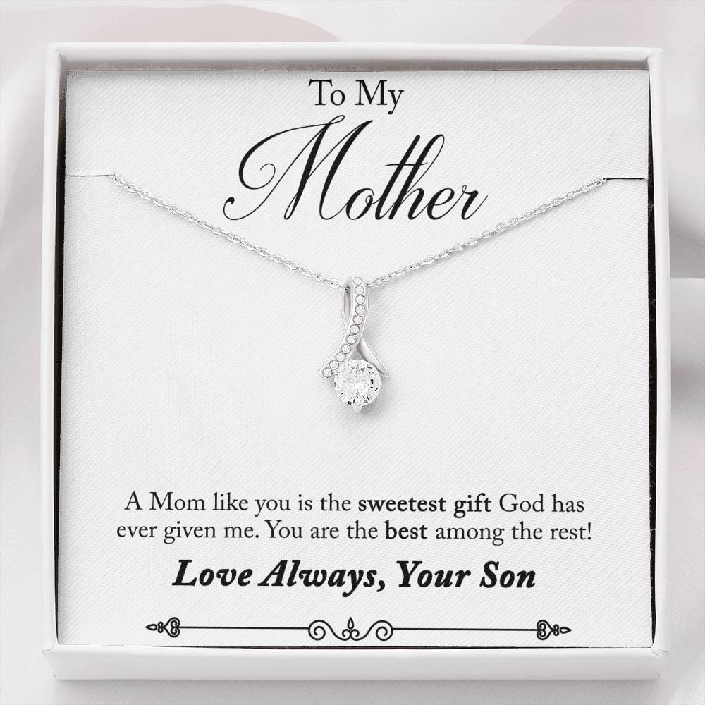 CARD#50-Son_to_mother_first_text 18K White Gold Plated Ribbon Love Necklace made with  Crystals Elsy Style Jewelry