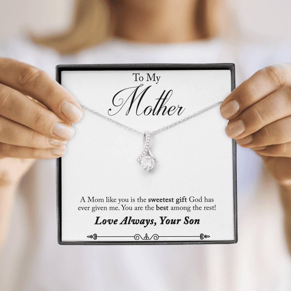 CARD#50-Son_to_mother_first_text 18K White Gold Plated Ribbon Love Necklace made with  Crystals Elsy Style Jewelry