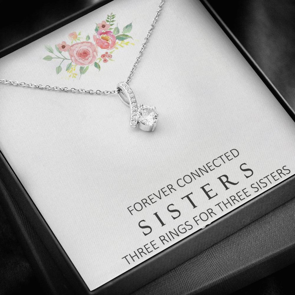 CARD#7-forever-connected-sisters 18K White Gold Plated Ribbon Love Necklace made with  Crystals Elsy Style Jewelry