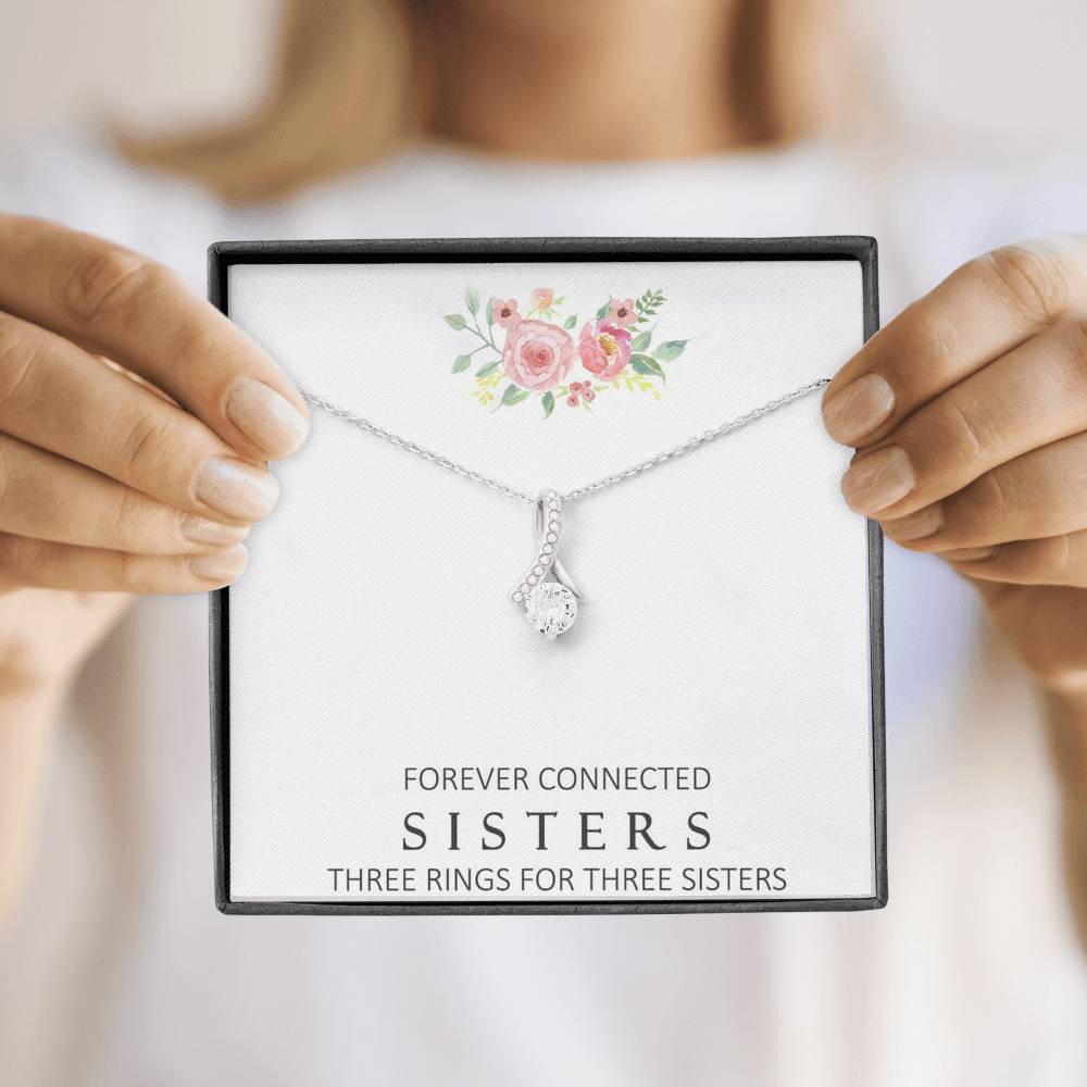 CARD#7-forever-connected-sisters 18K White Gold Plated Ribbon Love Necklace made with  Crystals Elsy Style Jewelry