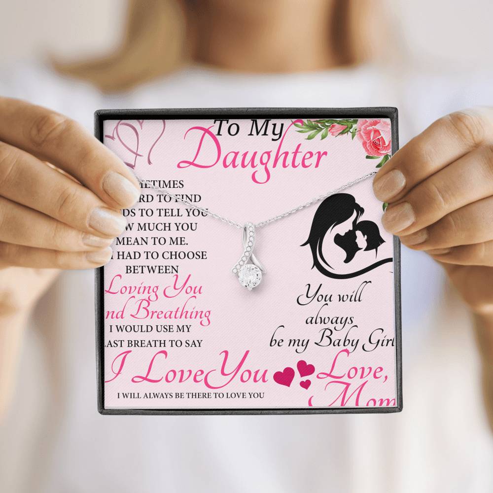 CARD#9-to-my-daughter 18K White Gold Plated Ribbon Love Necklace made with  Crystals Elsy Style Jewelry