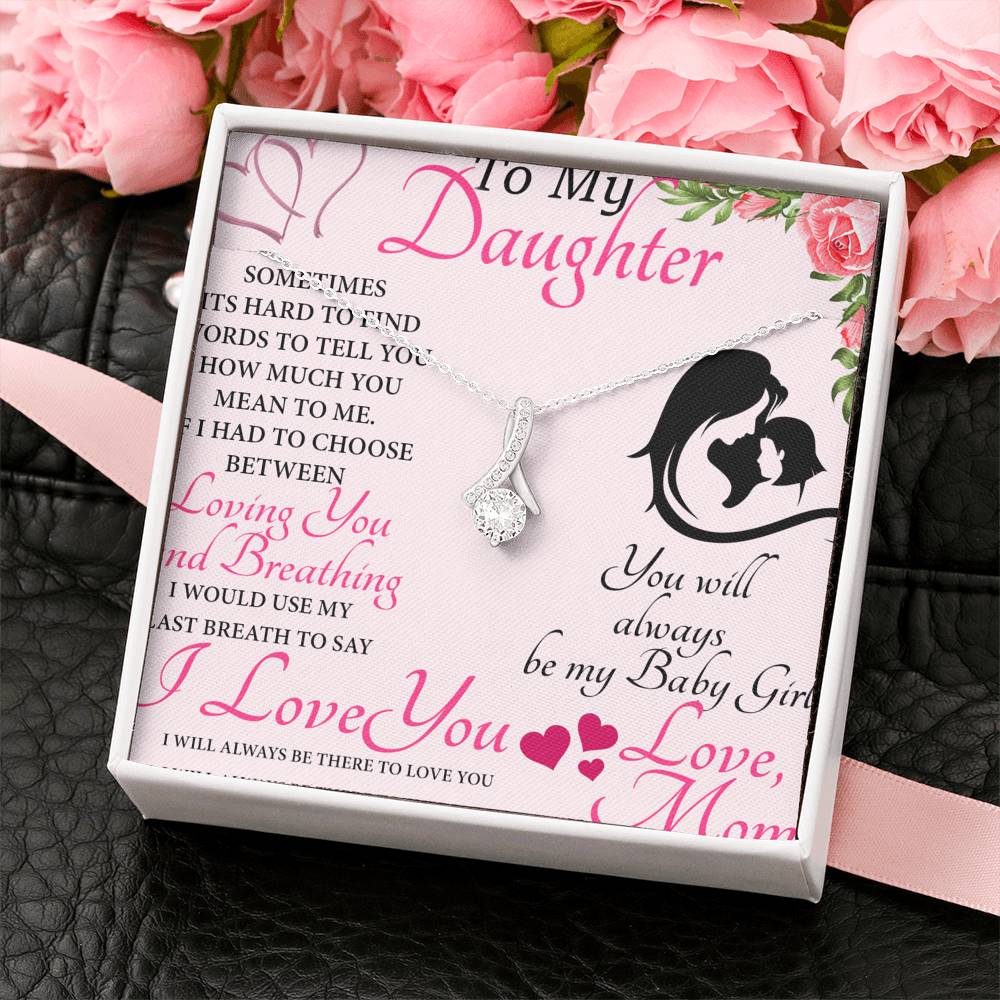 CARD#9-to-my-daughter 18K White Gold Plated Ribbon Love Necklace made with  Crystals Elsy Style Jewelry