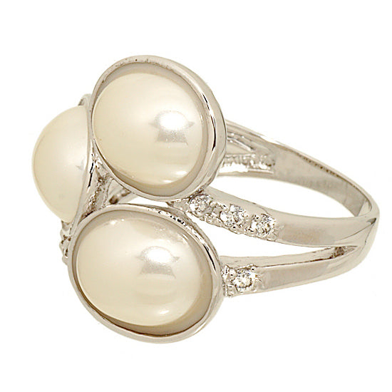 Cabochon Faux Pearl and Cubic Zirconia Wrap Silvertone Ring Elsy Style Ring