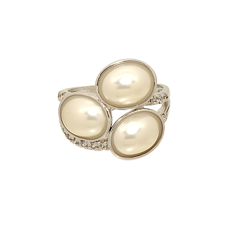 Cabochon Faux Pearl and Cubic Zirconia Wrap Silvertone Ring Elsy Style Ring