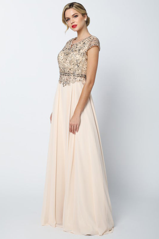 Cap Sleeves Embellished Bodice Long Mother Of The Bride Dress JT657 Elsy Style Mother of the Bride Dress