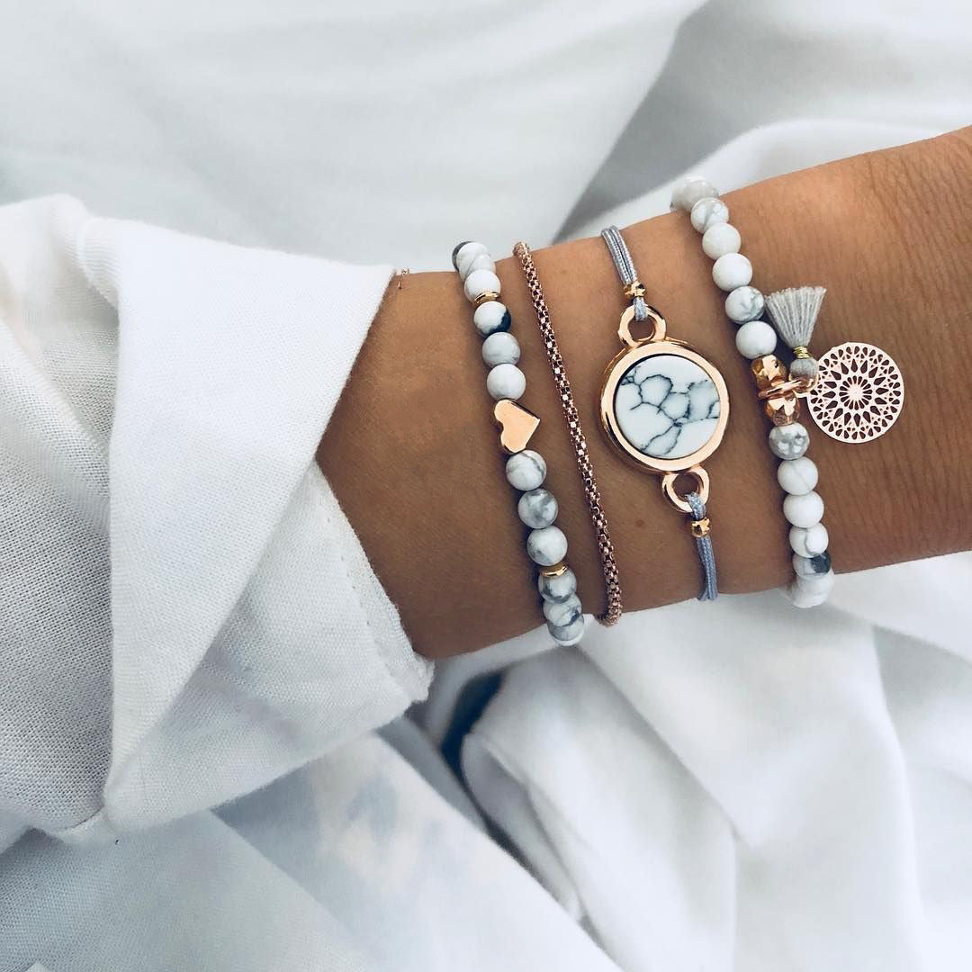 Celestial Marble Crystals and Gemstone 5 Piece Bracelet Set - 25+ Styles Available Elsy Style Bracelet