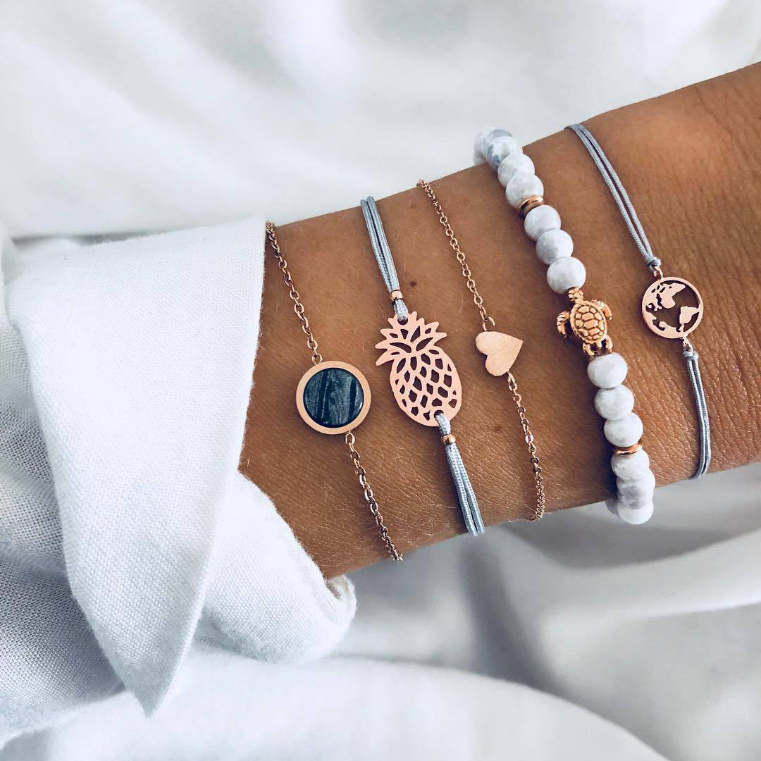 Celestial Marble Crystals and Gemstone 5 Piece Bracelet Set - 25+ Styles Available Elsy Style Bracelet