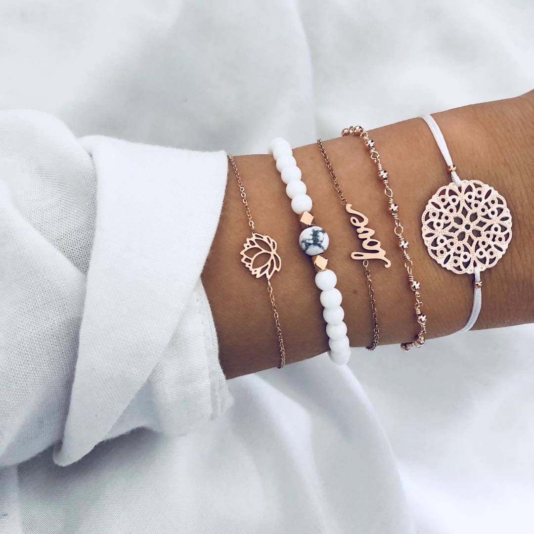 Celestial Marble Crystals and Gemstone 5 Piece Bracelet Set - 25+ Styles Available Elsy Style Bracelet