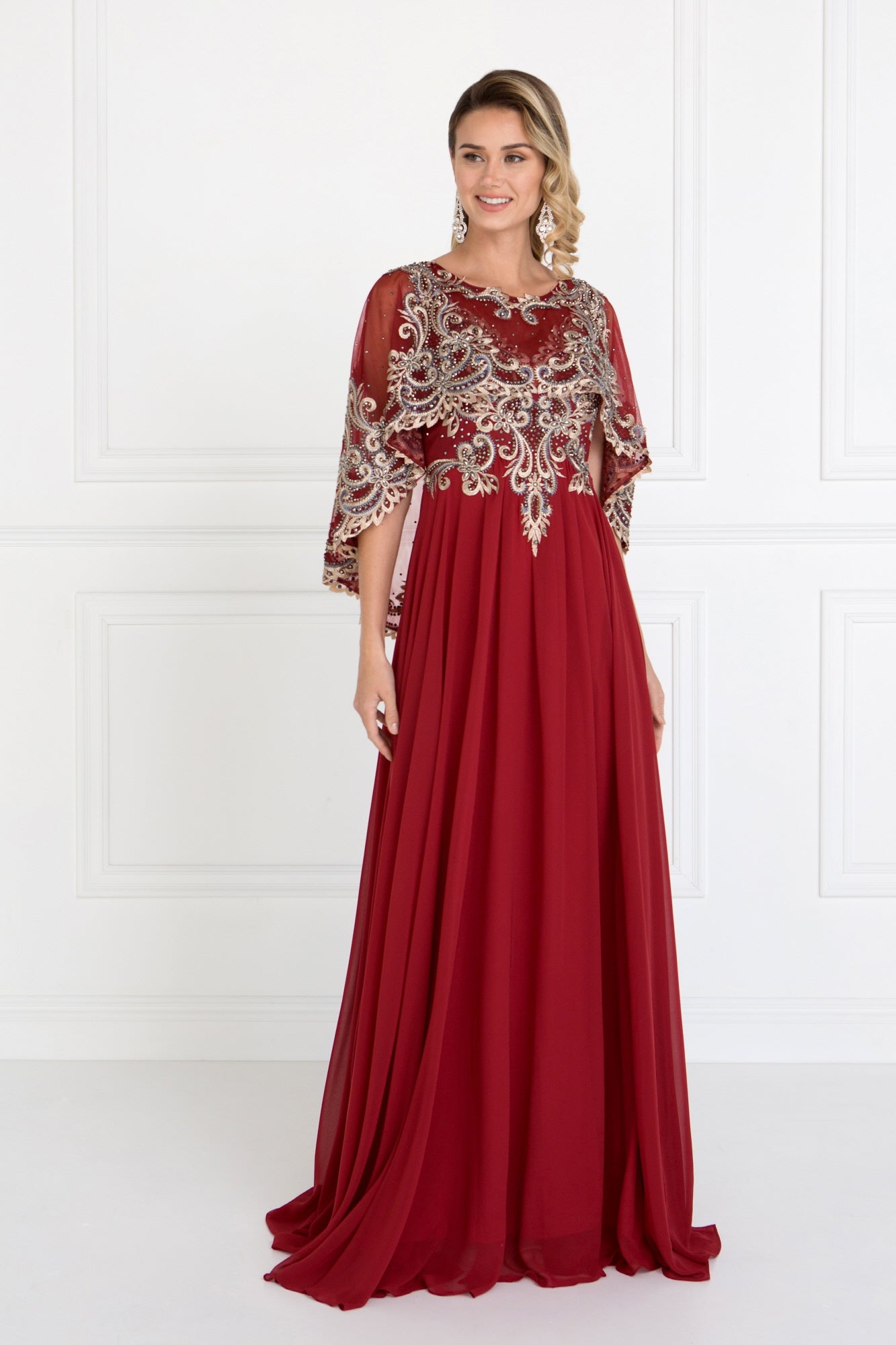 Chiffon A-Line Long Dress with Embroidered Cape Sleeves GLGL1527 Elsy Style PROM