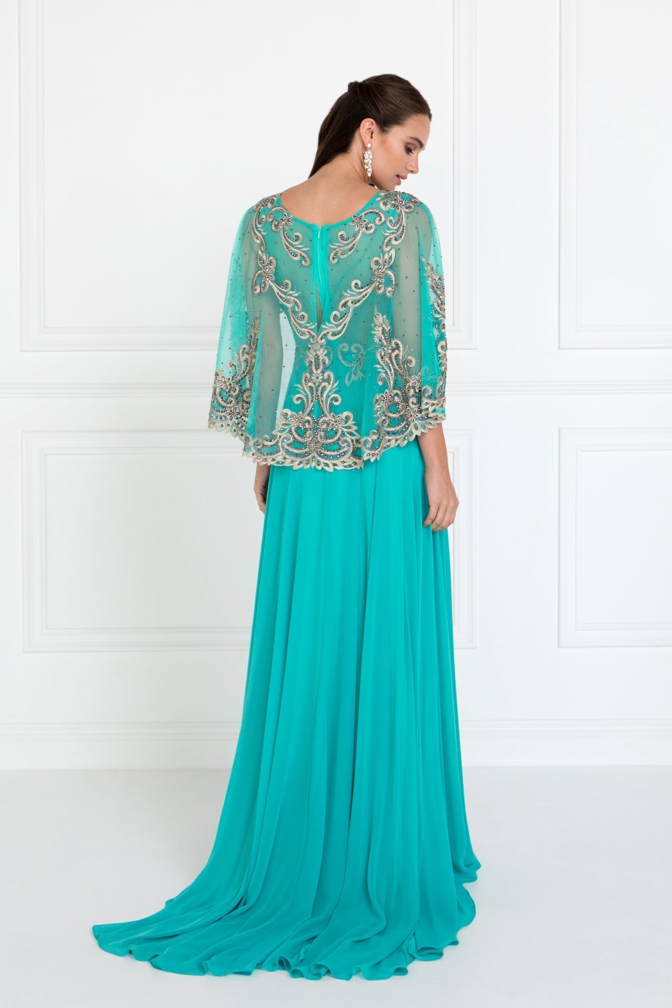 Chiffon A-Line Long Dress with Embroidered Cape Sleeves GLGL1527 Elsy Style PROM