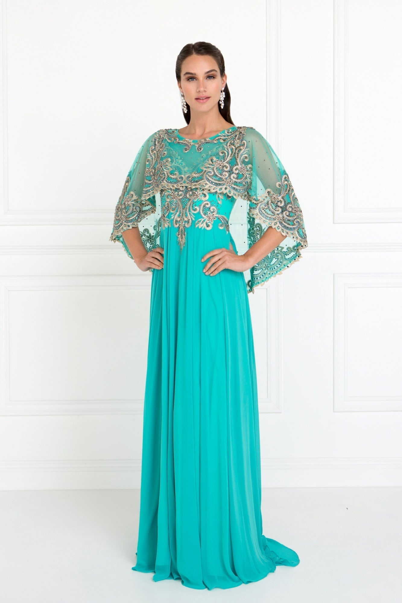 Chiffon A-Line Long Dress with Embroidered Cape Sleeves GLGL1527 Elsy Style PROM