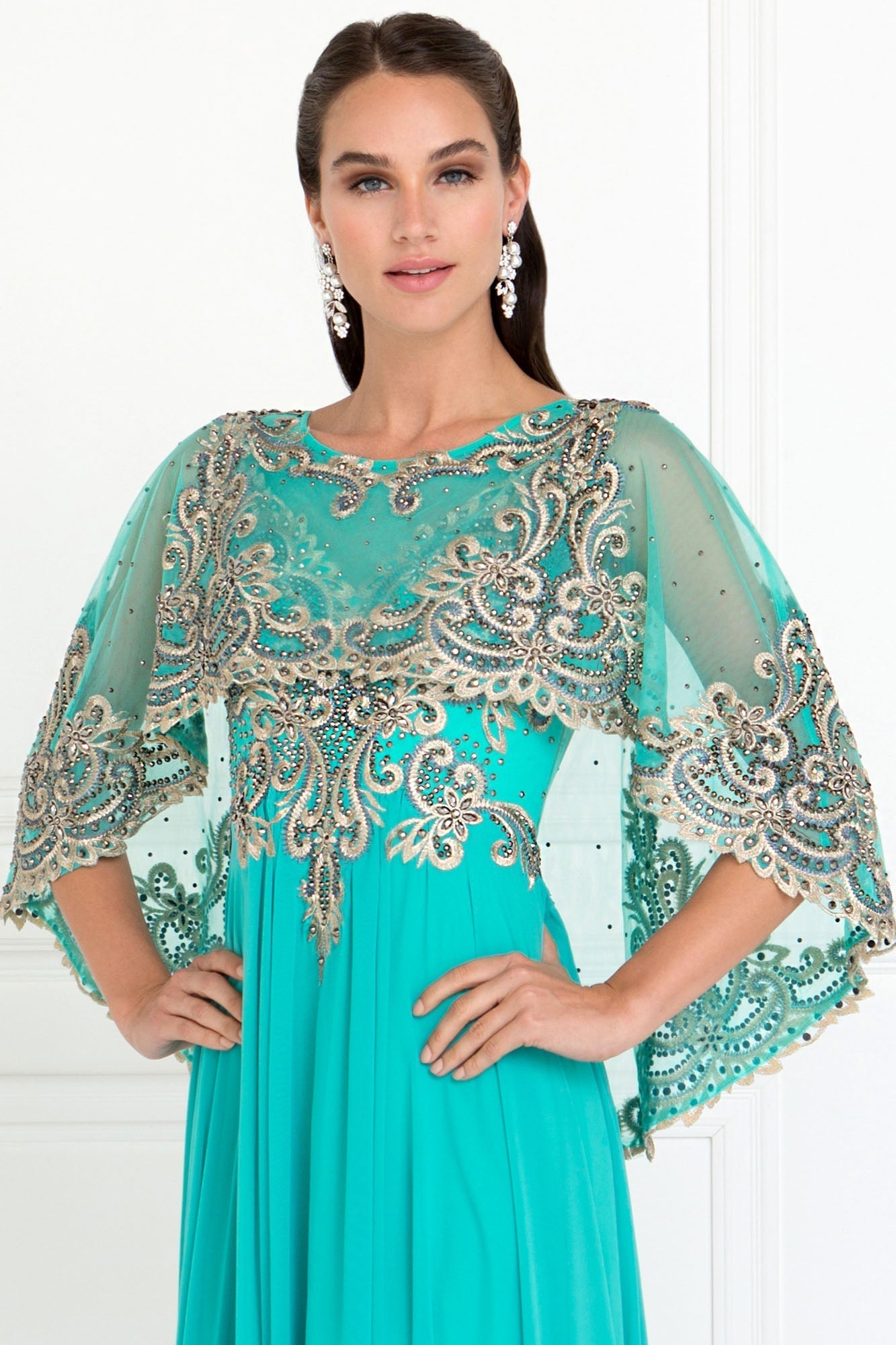 Chiffon A-Line Long Dress with Embroidered Cape Sleeves GLGL1527 Elsy Style PROM