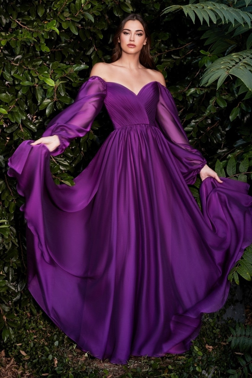 Chiffon A-line Prom & Evening Dress Long Sheer Sleeves Closed Shoulders Bodice On or Off Shoulder Neckline CDCD243 Elsy Style Prom Dress