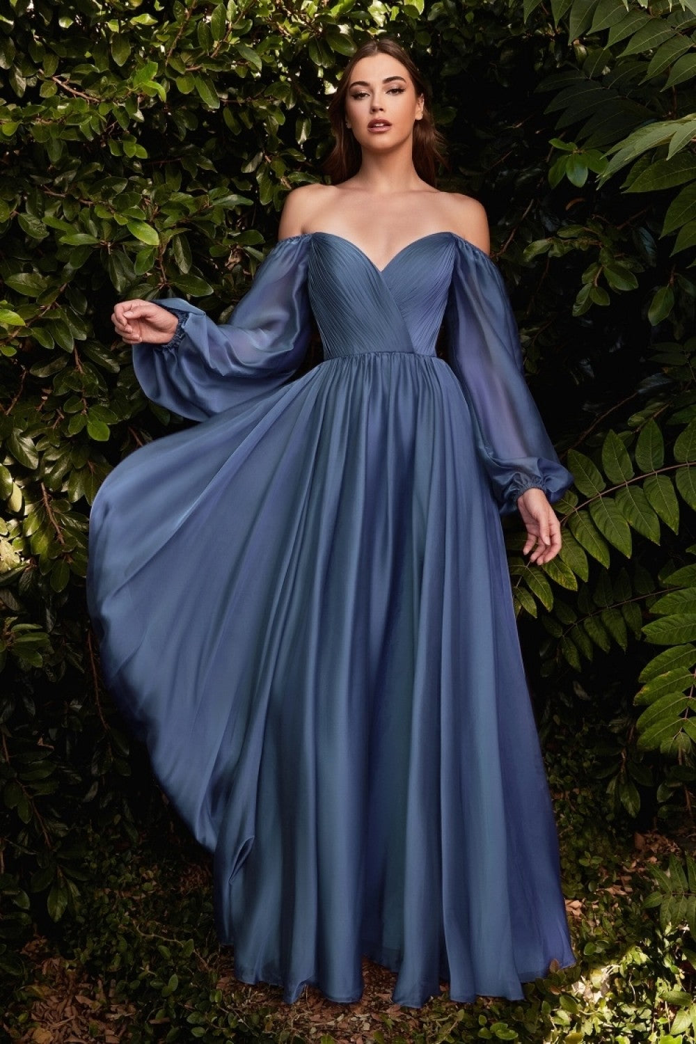 Chiffon A-line Prom & Evening Dress Long Sheer Sleeves Closed Shoulders Bodice On or Off Shoulder Neckline CDCD243 Elsy Style Prom Dress