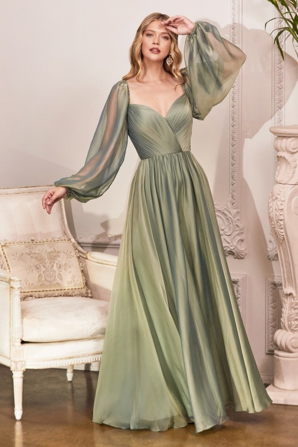 Chiffon A-line Prom & Evening Dress Long Sheer Sleeves Closed Shoulders Bodice On or Off Shoulder Neckline CDCD243 Elsy Style Prom Dress