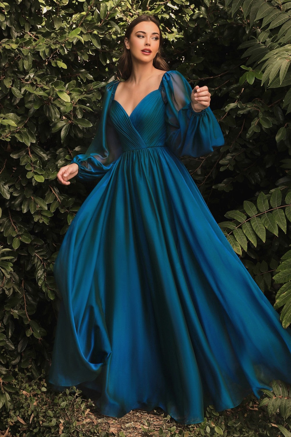 Chiffon A-line Prom & Evening Dress Long Sheer Sleeves Closed Shoulders Bodice On or Off Shoulder Neckline CDCD243 Elsy Style Prom Dress