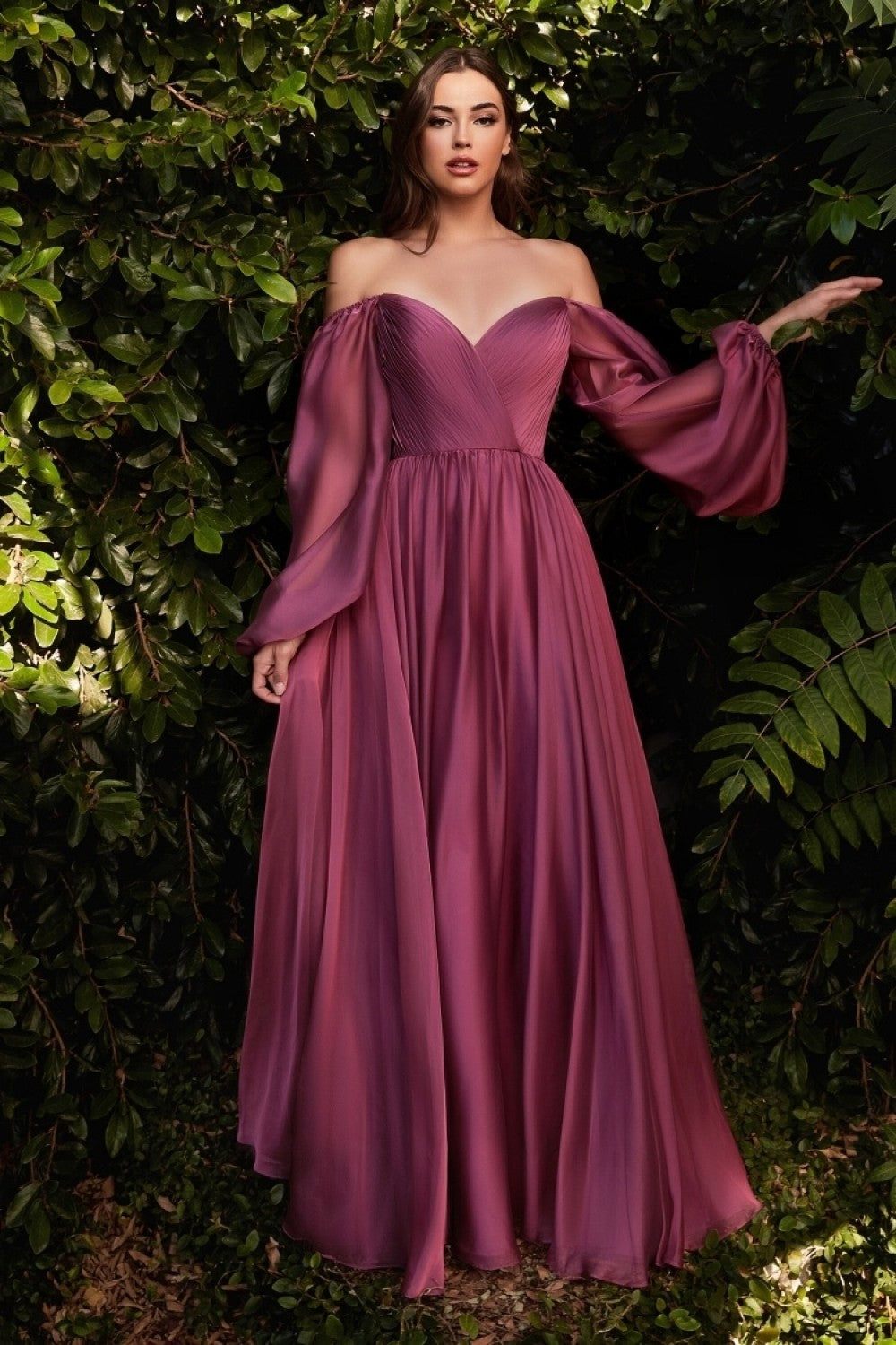 Chiffon A-line Prom & Evening Dress Long Sheer Sleeves Closed Shoulders Bodice On or Off Shoulder Neckline CDCD243 Elsy Style Prom Dress