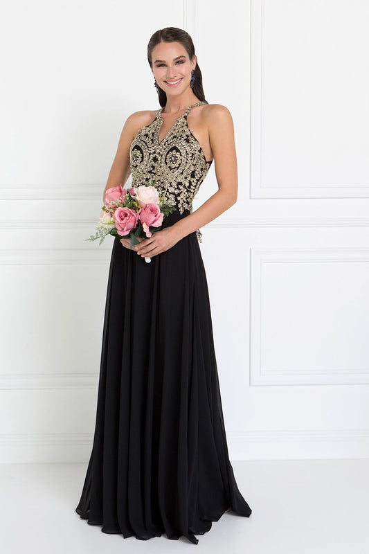 Chiffon Deep V-Back A-Line Long Dress Accented with Embroidery GLGL1526 Elsy Style PROM