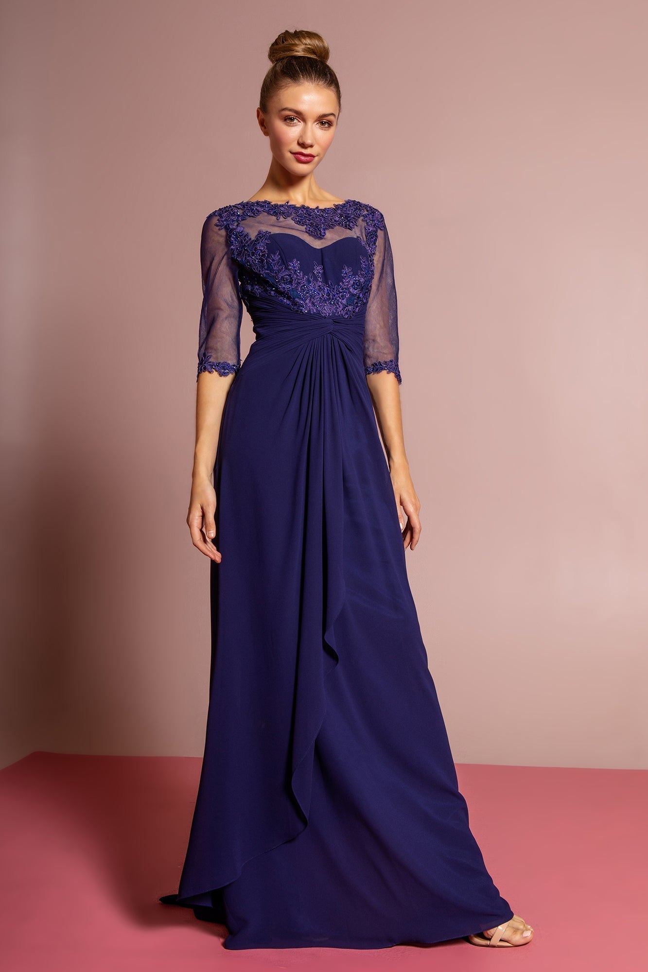 Chiffon Long Dress with Sheer Sleeve and Back GLGL1424 Elsy Style MOTHER OF BRIDE