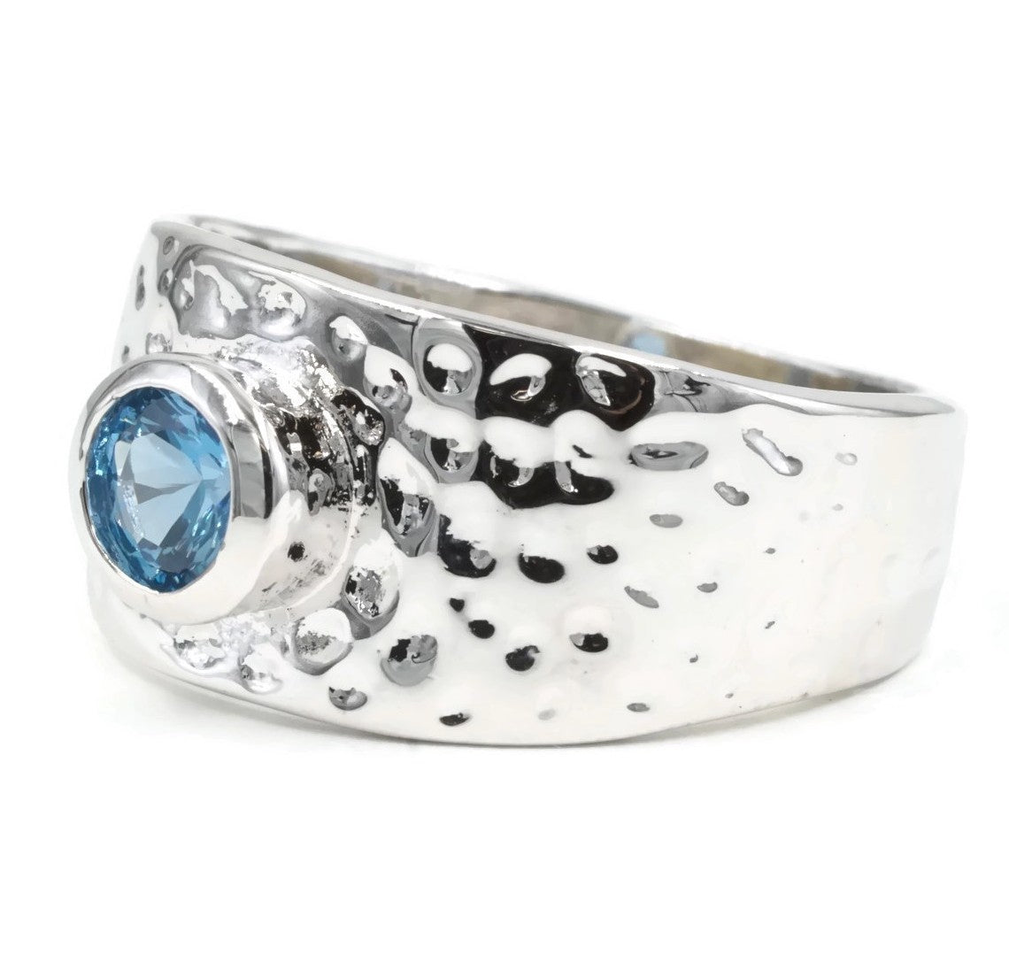 Contemporary Wide Hammered Bezel Set Band Ring Elsy Style Ring