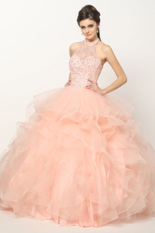 Crystal Beading On A Flounced Tulle Long Quinceanera Dress JT1420 Elsy Style Quinceanera Dress