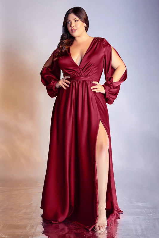 Curve Satin Modest Dress Plus Size Prom & Bridesmaid Gown A-line Silhouette with High Leg Slit Closed Shoulder Long Sleeves CD7475C Elsy Style Prom Dress