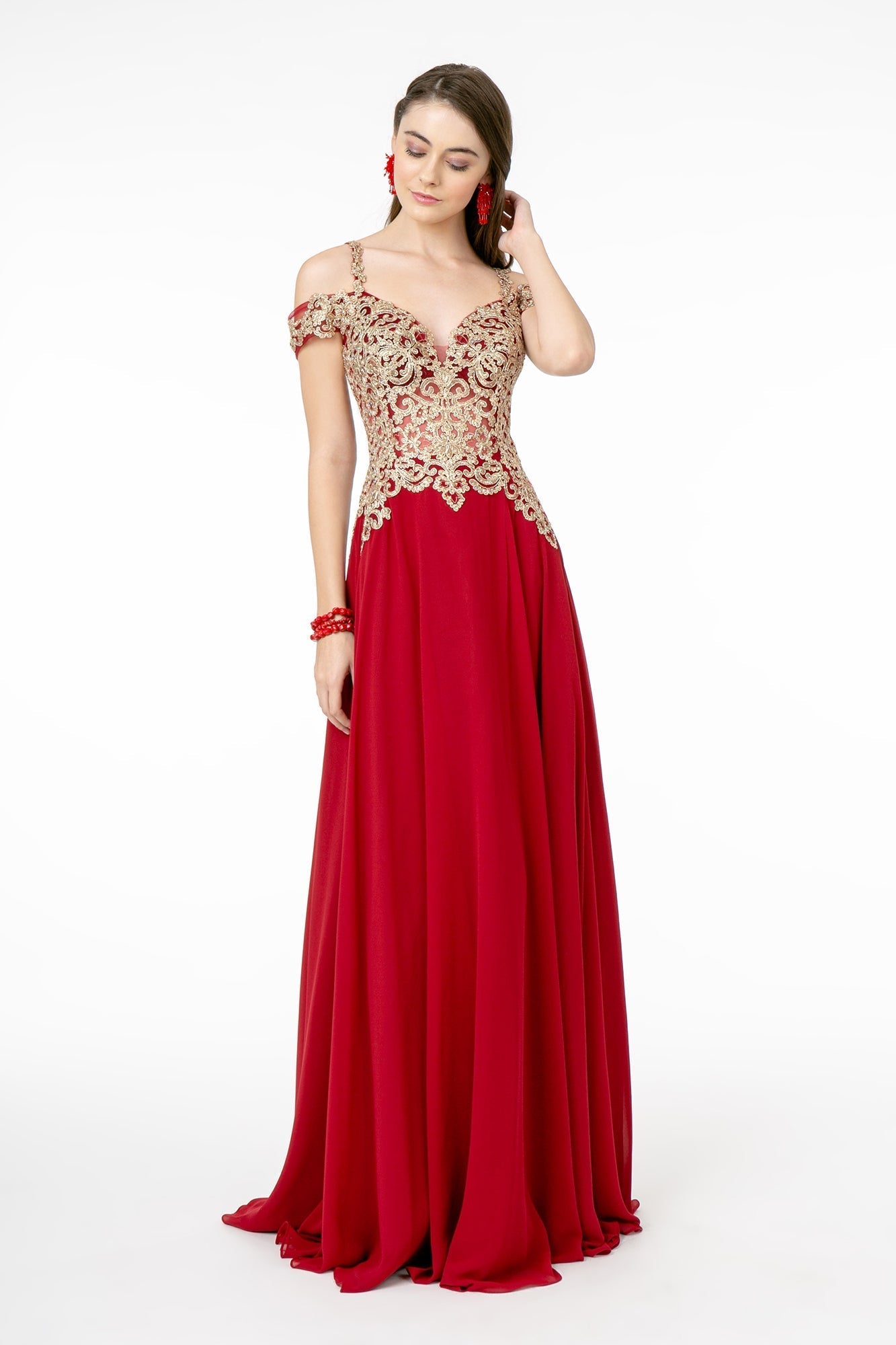 Cut-Away Shoulder Embroidered Bodice Chiffon A-Line Dress GLGL2998 Elsy Style PROM