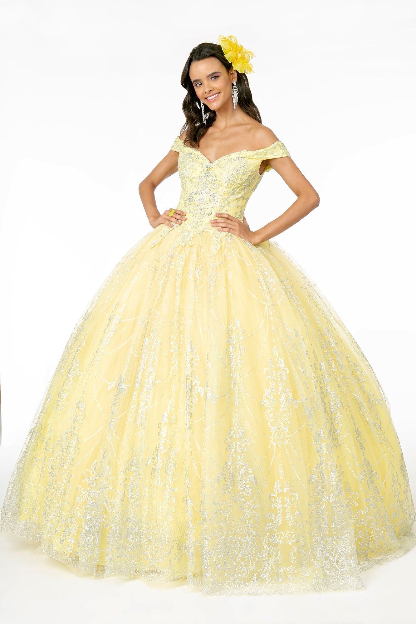 Cut-Away Shoulder Glitter Mesh Quinceanera Dress GLGL2910 Elsy Style QUINCEANERA