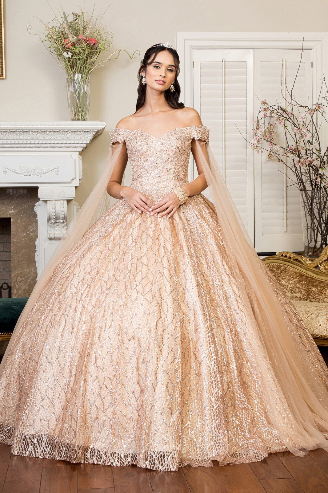 Cut-Away Shoulder Sweethearted Glitter Mesh Quinceanera Dress GLGL1926 Elsy Style QUINCEANERA