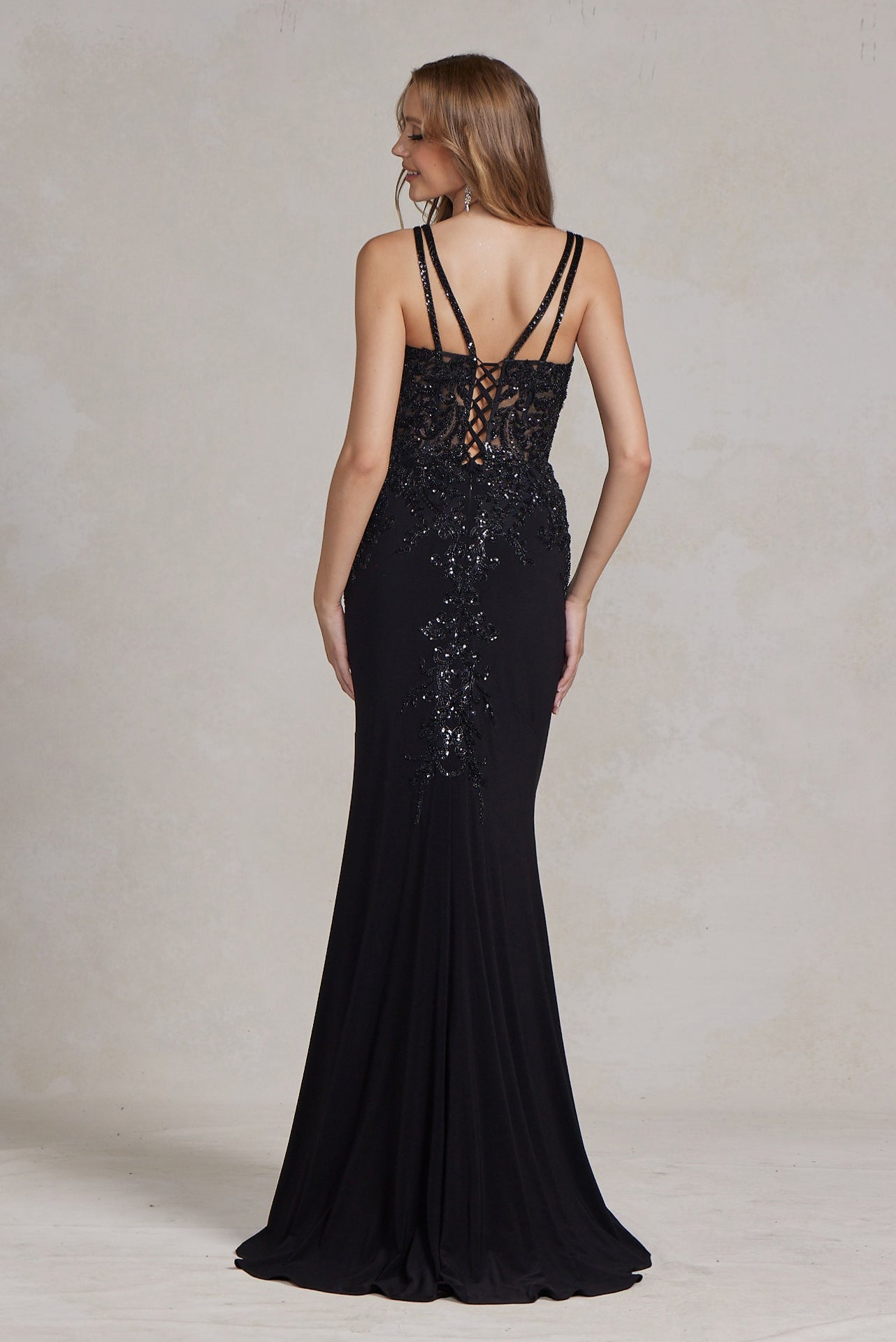 Double Spaghetti Straps Embroidered Bodice Long Evening Dress NXH1090 Elsy Style Evening Dress