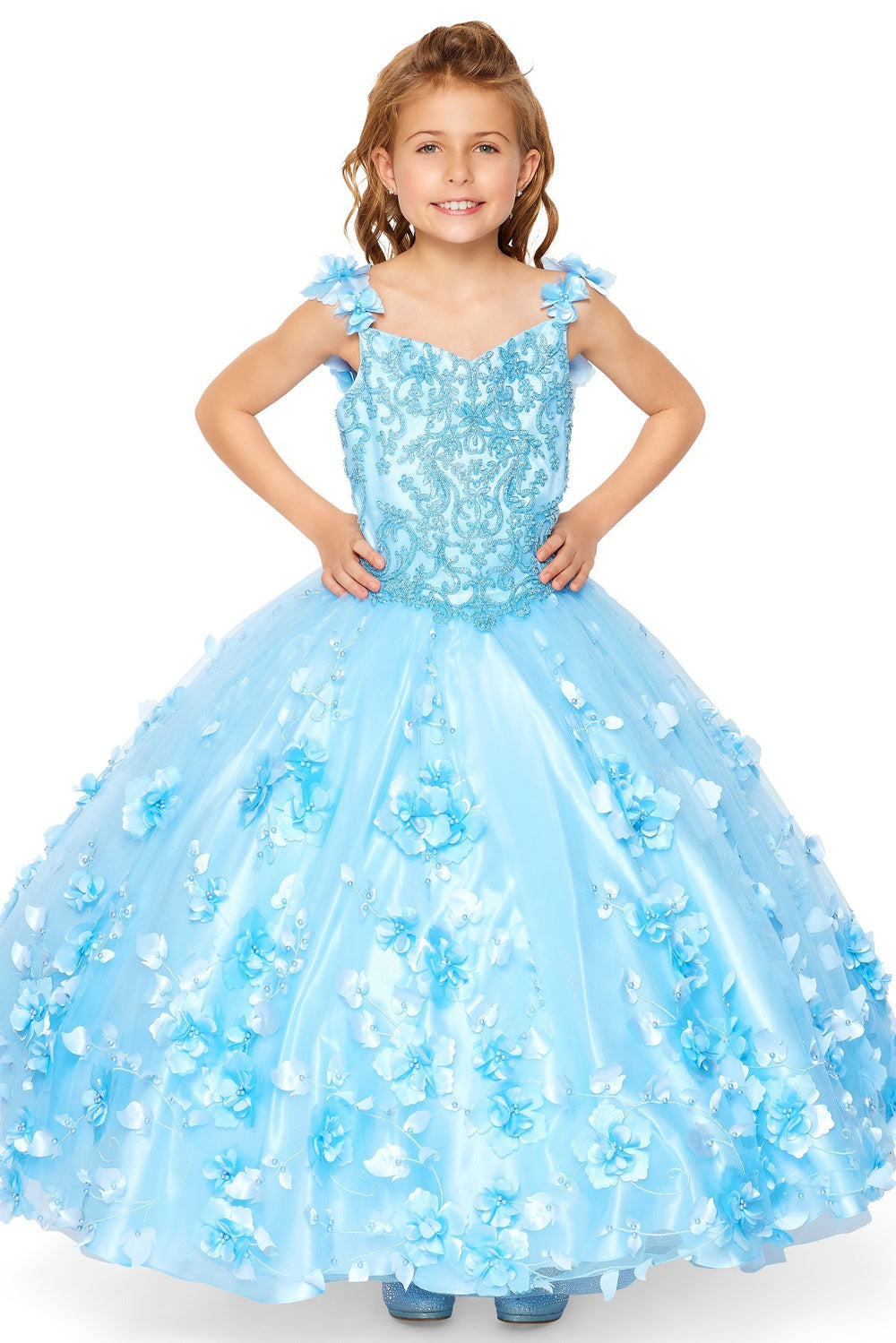 Elegant 3D Stone Pearl Embellishments Design Floral Appliques Long Girl Dress CU8030X Elsy Style Kids Dress