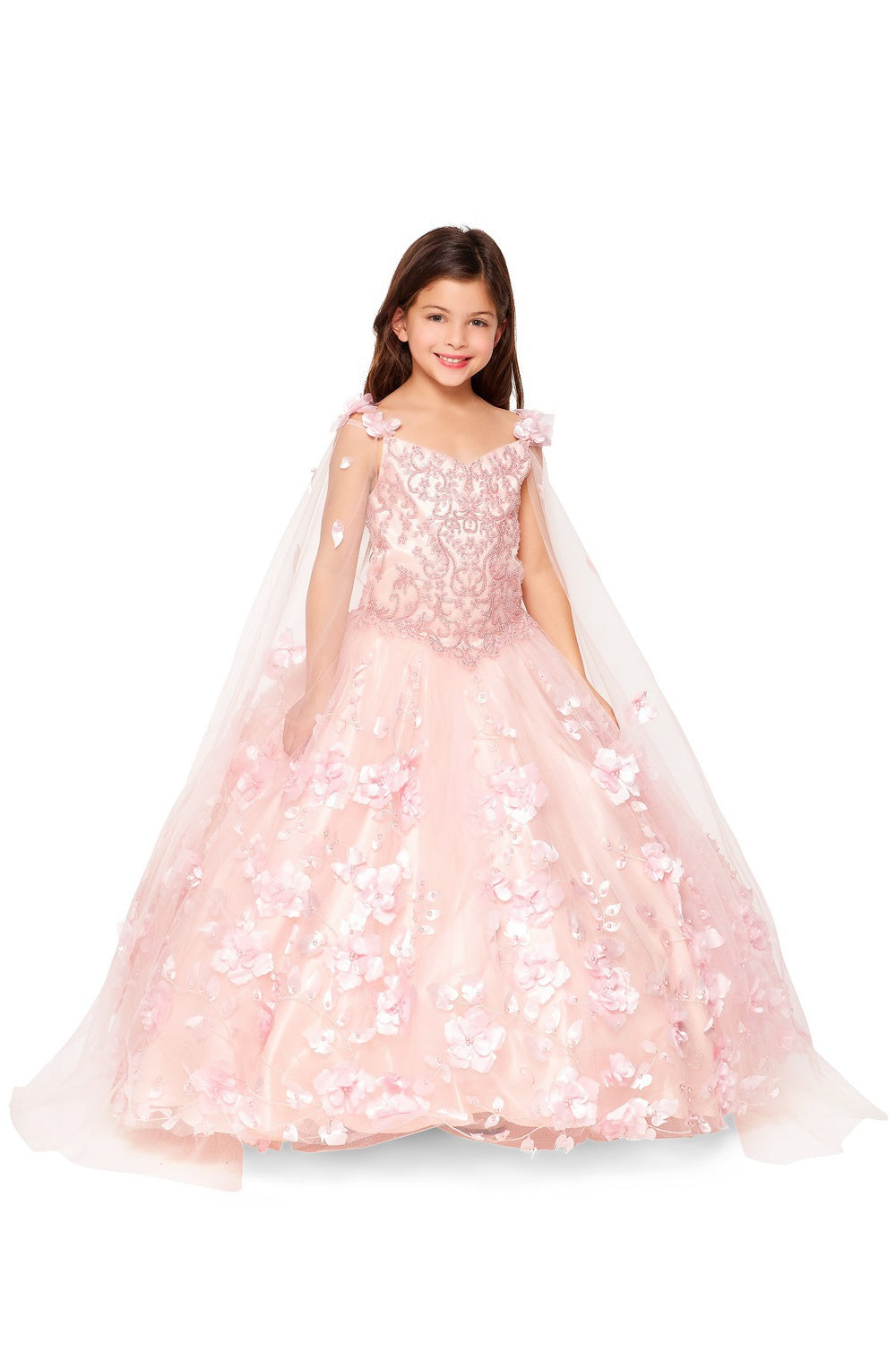 Elegant 3D Stone Pearl Embellishments Design Floral Appliques Long Girl Dress CU8030X Elsy Style Kids Dress