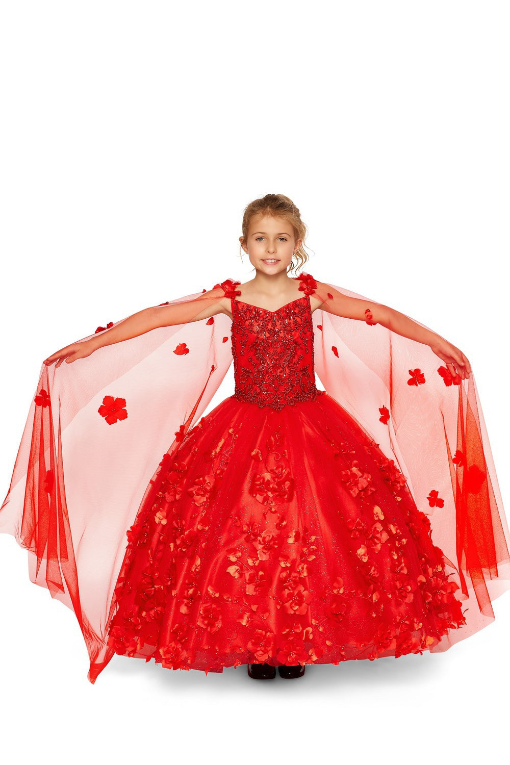 Elegant 3D Stone Pearl Embellishments Design Floral Appliques Long Girl Dress CU8030X Elsy Style Kids Dress