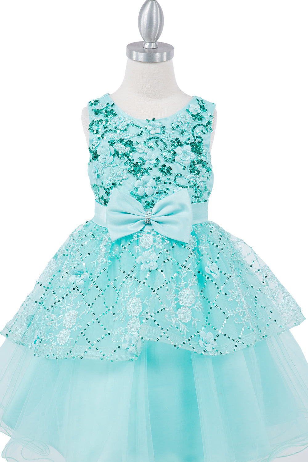 Elegant Sleeveless Sequin Top Ribbon Waistline Layered Skirt Kids Dress CU9131 Elsy Style Ball Gown