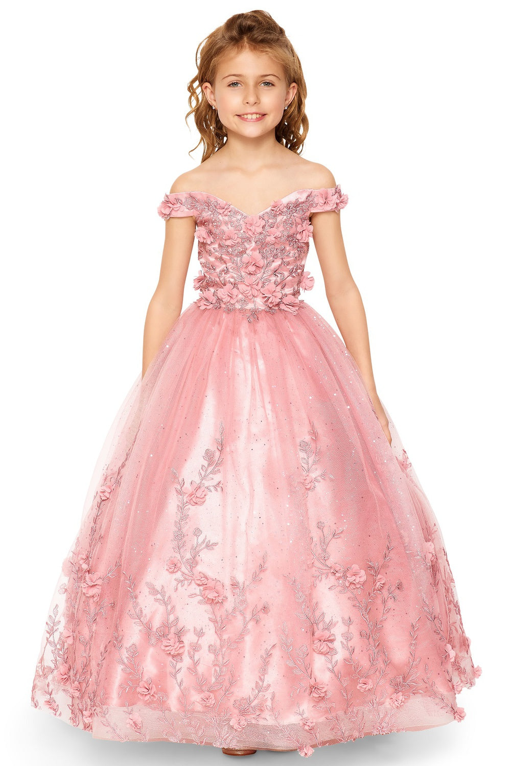 Elegant Sweetheart Off Shoulder 3D Floral Applique Long Girl Dress CU8026X Elsy Style Kids Dress