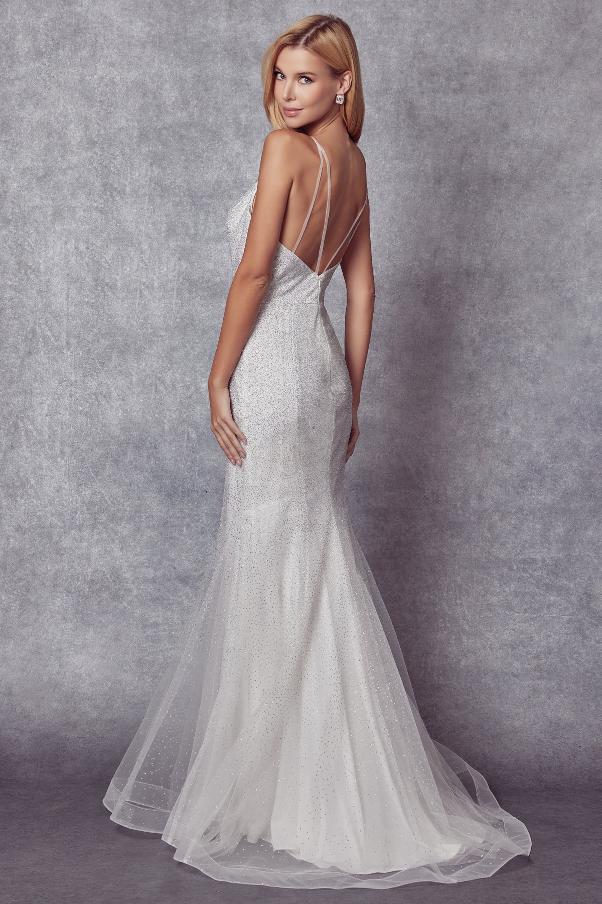 Embellished Glitter Open V-Back Mermaid Long Wedding Dress JT271 W Elsy Style Wedding Dress