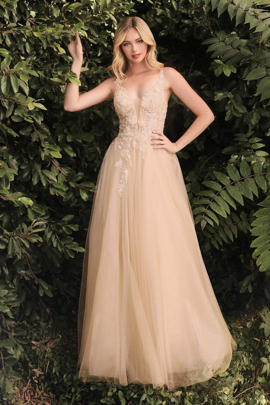 Embellished with Flowers Prom & Bridesmaid Gown Strap Deep V-Neckline Bodice Vintage Pretty A-Line Skirt CDCB075 Elsy Style Prom Dress