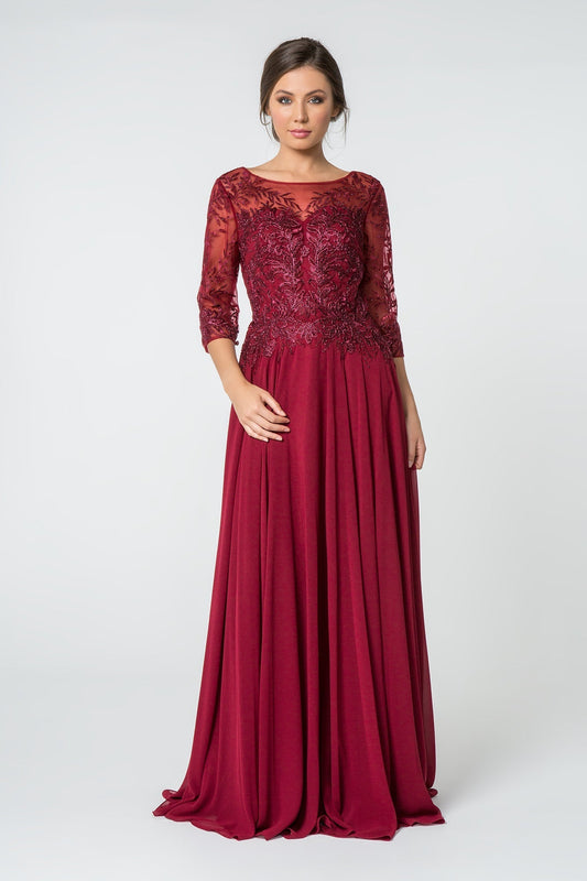 Embroidered Bodice 3/4 Mesh Sleeve Chiffon Long Dress GLGL2810 Elsy Style MOTHER OF BRIDE